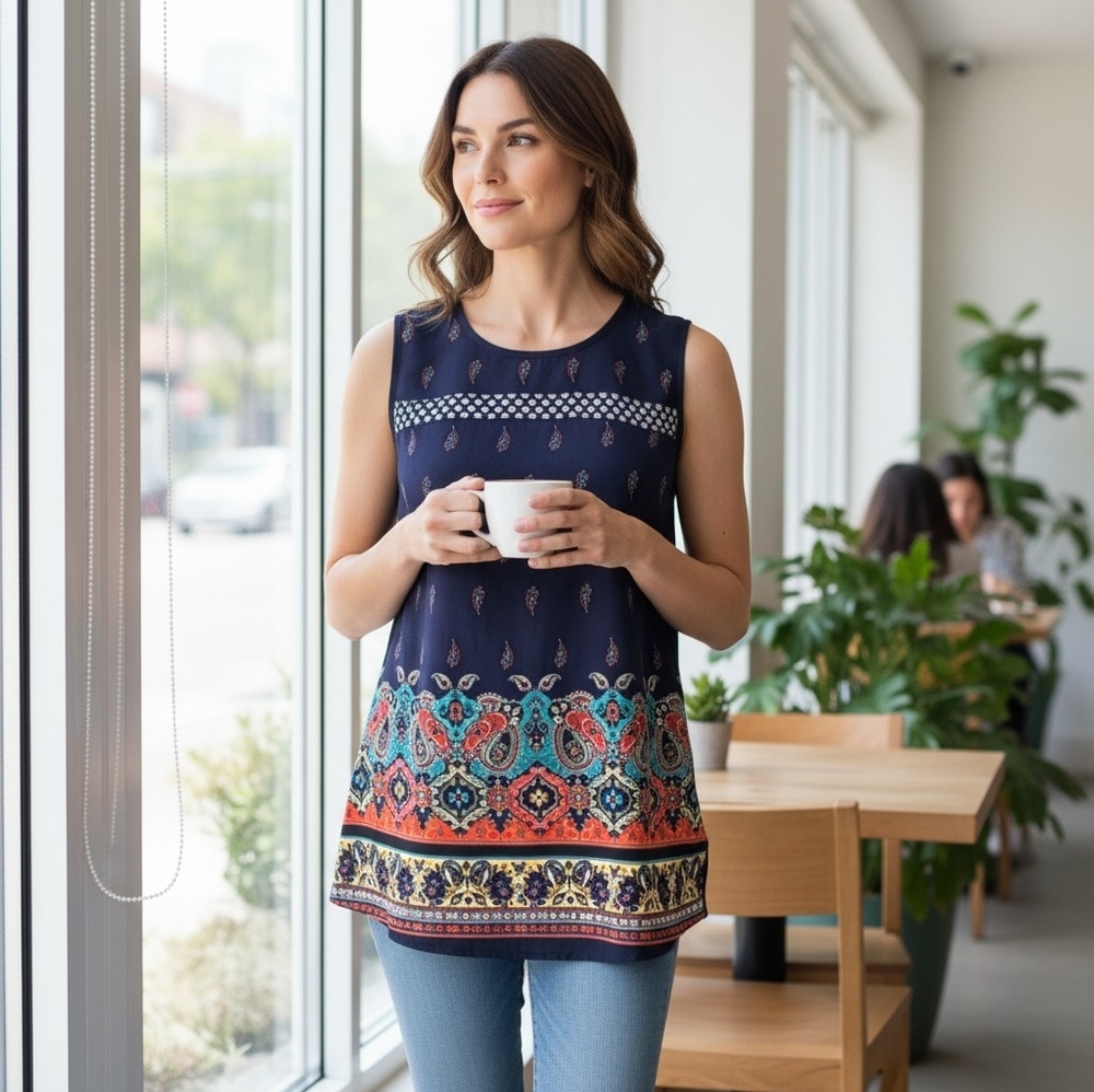 Carol Rose Large blue sleeveless paisley shirt